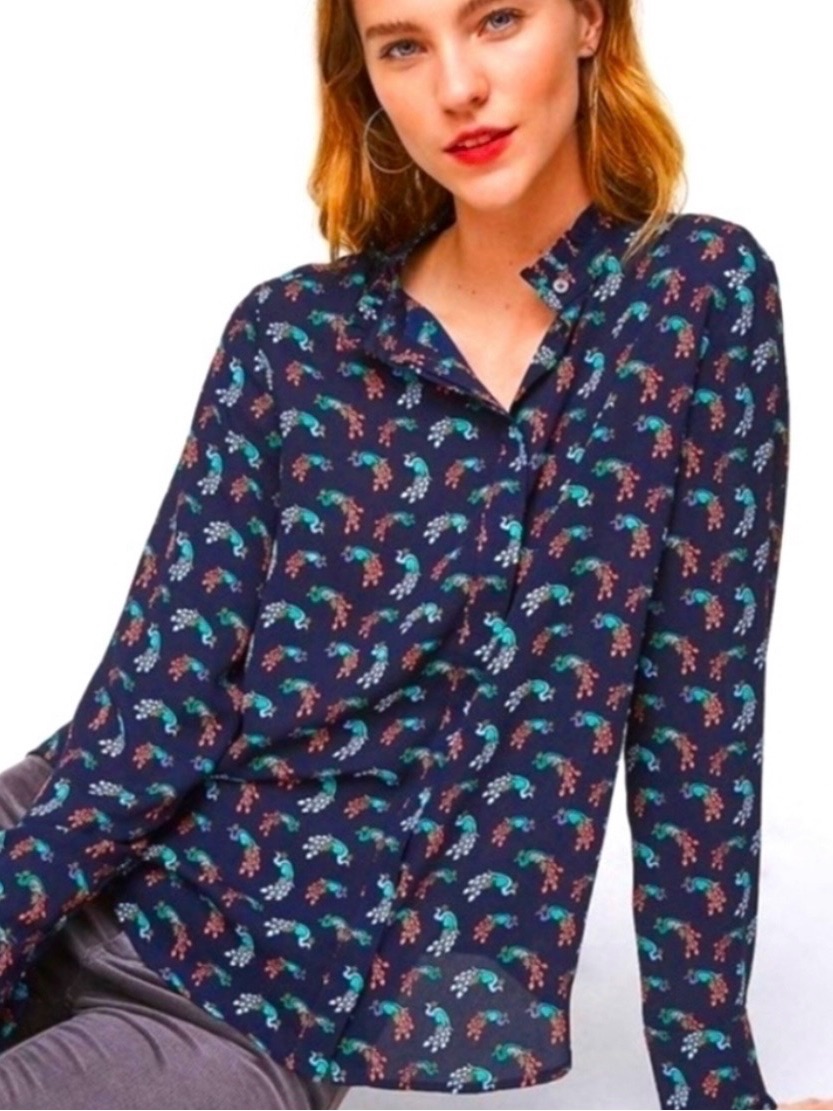 Loft Navy Blue Peacock Print Ruffle Neck Blouse M